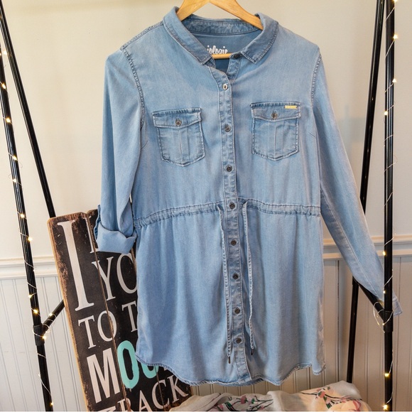 Jeaniologie Light Denim Jumper Drawstring Waist & Button Roll-Up Sleeves Size M - Picture 2 of 10